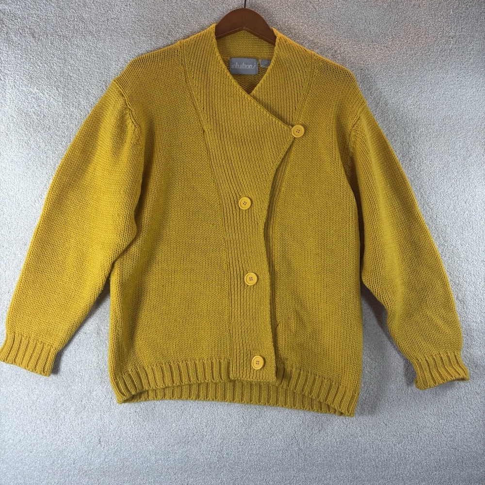 Vtg 80s Intuition brand yellow Asymmetrical Button Up cardigan 100% Wool sweater